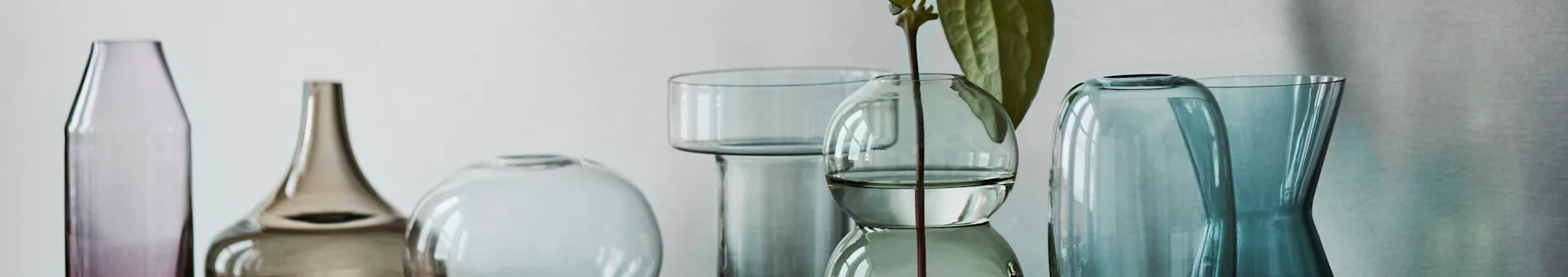 En rekke glassvaser og flasker i lilla, brun, klar og blågrønne nyanser, hvorav en holder en plantestilk.