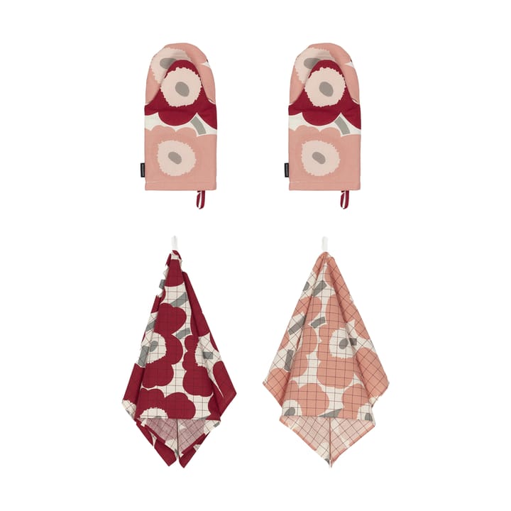 Pieni Unikko kjøkkenhåndkle+grytevott 4 deler, Cotton-dark cherry-rose Marimekko