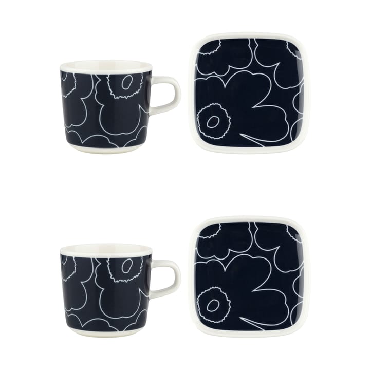 Piirto Unikko kopp og fat sett 20 cl, 4 deler, White-dark blue Marimekko