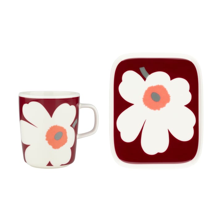 Unikko 60-årsjubileum krus 25 cl+tallerken 12x15 cm - White-darl cherry-ash grey - Marimekko