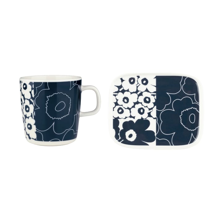 Unikko Kollaasi brikke + kopp, 2 deler - White-dark blue - Marimekko