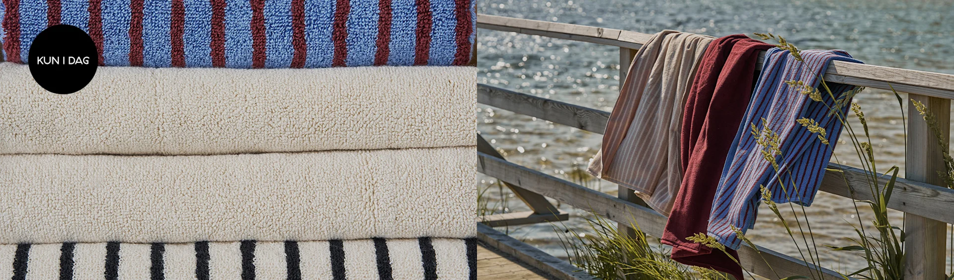 Stable av stripete og ensfargede håndklær i blått og krem. Stripete beige, mørkerødt og stripete blått henger ved vannet.