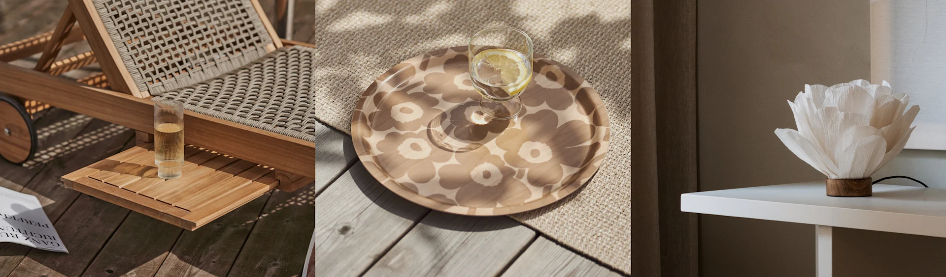 Tre paneler. Venstre: Flettet sjeselong, glass, magasin. Midten: Blomstret brett med drikke. Høyre: Hvit blomsterformet lampe.