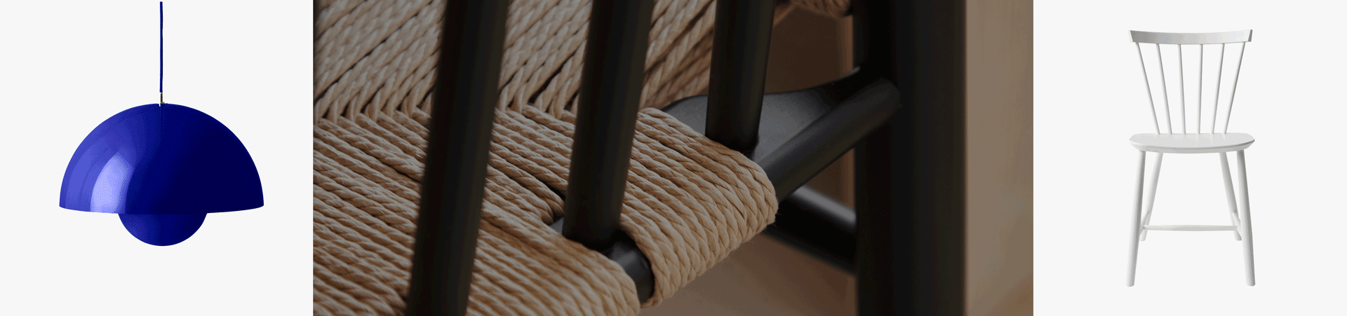 Blå klokkeformet pendellampe, nærbilde av stol med flettet naturfibersete, og hvit spisestol med pinnerygg.