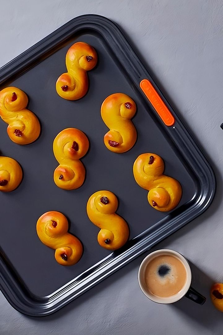 Lussekatter er et spesielt svensk bakverk som hovedsakelig spises ved juletider. Her ser du deilige, gyllenbrune lussekatter bakt på et stekebrett fra Le Creuset.